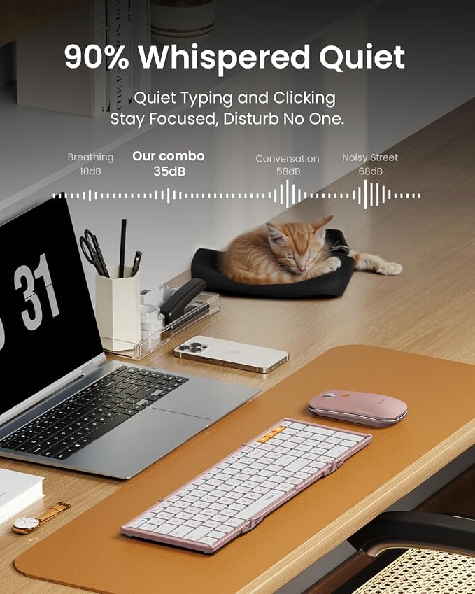 ProtoArc XKM01 Full-Size Foldable Keyboard Mouse Combo for Travel - Pink | 105-key keyboard, slim mouse, hard case and phone stand; 3-device Bluetooth & 2.4G switching, for travel office use - Image 6