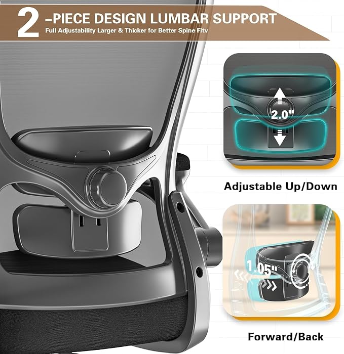 Ergonomic Office Chair for Long Hours, Adjustable Padded Lumbar Support for Lower Back Relief, 330 lb Capacity, Comfortable Computer Desk Chair for Home Office, Work & Study - Image 4