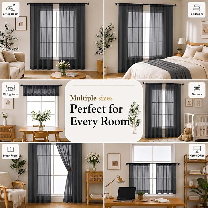 Black Sheer Curtains 84 inches Long for Living Room 2 Panels Set | Sheer White Curtains for Bedroom, Rod Pocket Airy Light Filtering Window Treatments, 2pcs, Each Panel 42" Width x 84" Long - Image 8