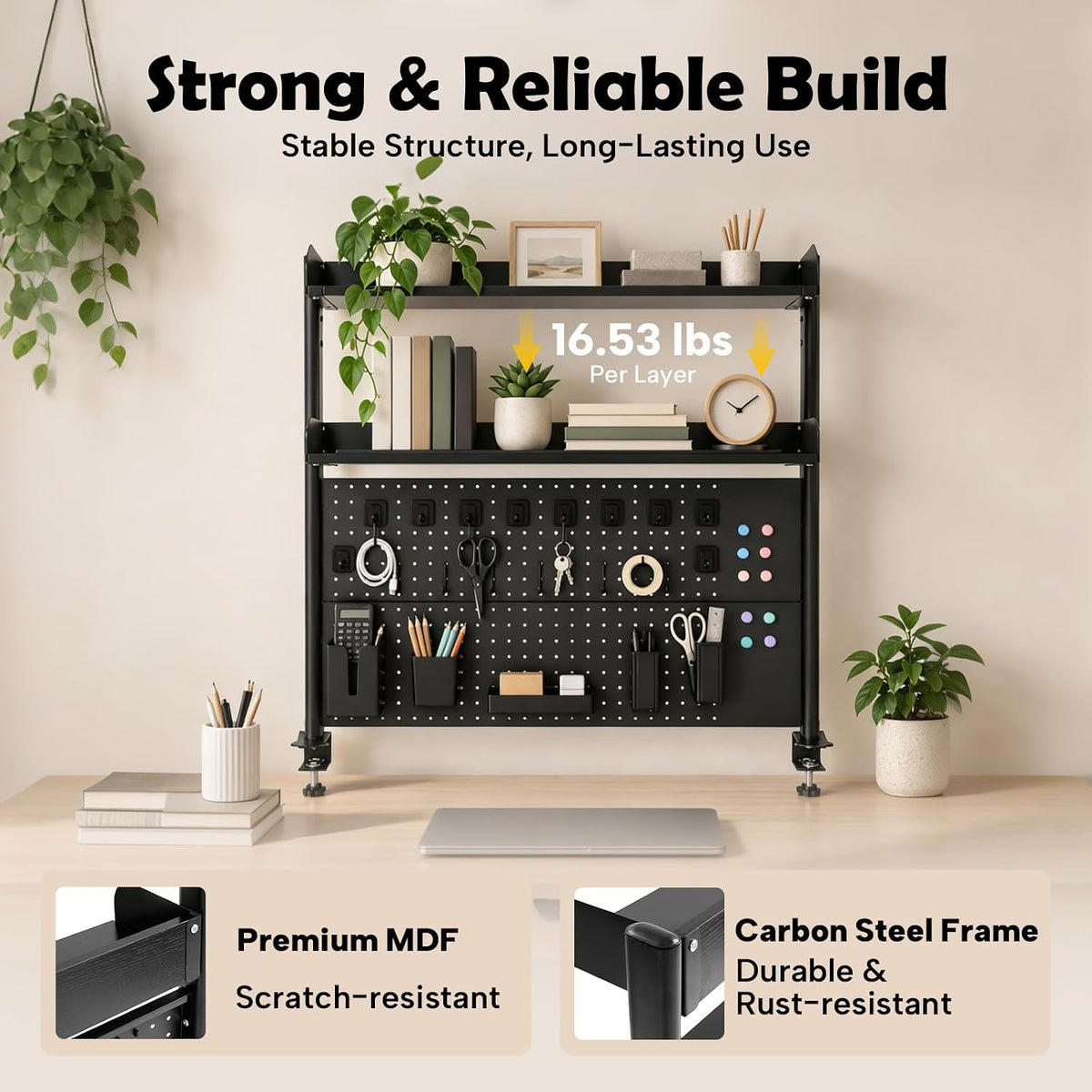 Desk Pegboard, Clamp On Desk Organizer Shelf, Desktop Bookshelf Storage Shelves, Privacy Panel for Home Office Dorm Gaming Desk, Carbon Steel, 39.4" x 37.4", Black - Image 3