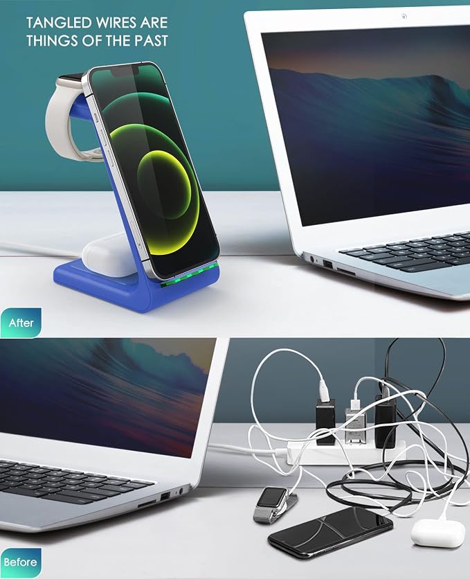 3 in 1 Wireless Charging Station, 2026 Upgraded Fast Desk Charger Station for iPhone 17 16 15 14 13 12 Pro Max Plus, Charger Stand for Apple Watch 10 9 8 7 6 5 4 3 2 SE, Airpods 4 3 2 Pro(Blue) - Image 6