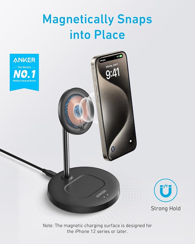 Anker PowerWave 2-in-1 MagSafe Compatible Wireless Charging Stand | Magnetic Dual-Device Dock Lite for iPhone 16 / 15 / 14 / 13 Series, AirPods 2 / Pro, and More (Adapter Not Included) - Image 2