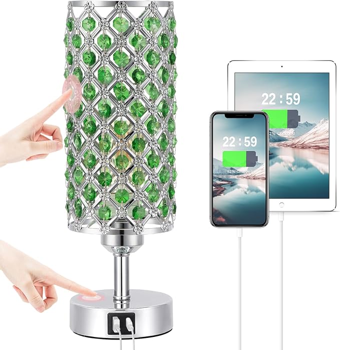 Crystal Table Lamp, 3 Way Dimmable Touch Lamps for Night Stands, Green | Green Crystal Bedside Lamp, Nightstand Lamp for Bedroom by Hong-in