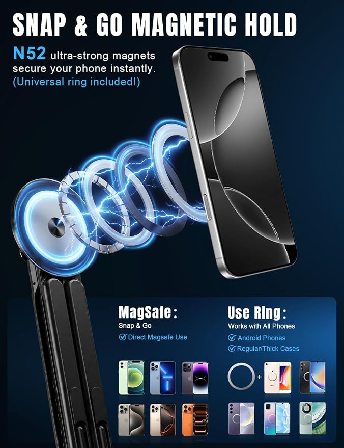 Magnetic Phone Stand & Foldable Laptop Riser, Matte Black Multi-Device Aluminum Desk Mount, N52 MagSafe Tripod Grip for Travel Office, Ergonomic Elevator for MacBook, iPad & iPhone - Image 5