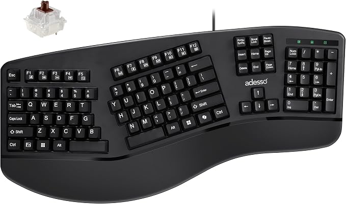 Adesso EasyTouch 150 Wired Mechanical Keyboard, Integrated Palm Rest | Ergonomic, Cherry MX Brown Switches, Dedicated Copilot AI Hotkey, Full-Sized Layout with Numeric Pad, Comfortable Typing by Adesso