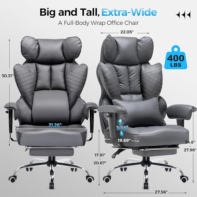 GTPLAYER Big and Tall Gaming Chair 400lbs Heavy Duty Office Chair with Foot Rest & Ergonomic Pocket Spring Lumbar Support, High Back 3D Saddle Shaped Cushion for Back Pain Relief, Grey - Image 3