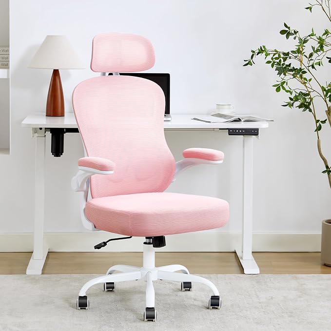 Ergonomic Office Chair,Ultra Thick Spring Cushion Desk Chair,Pink | Adjustable Lumbar Support and Headrest,Flip-up Arms,Rocking Function,Mesh Home Office Computer Chair - Image 7