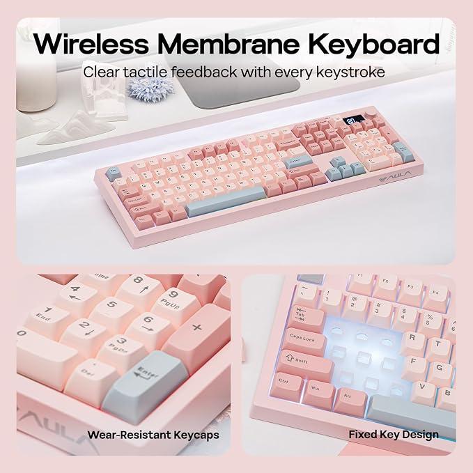 EPOMAKER Aula S102 PRO Membrane Gaming Keyboard w/TFT Screen & Volume Knob | Silent Keyboard w/ Number Pad for PC Game/Office, BT/2.4G/USB, RGB Backlit, Creamy Silicone Structure (Pink) - Image 6