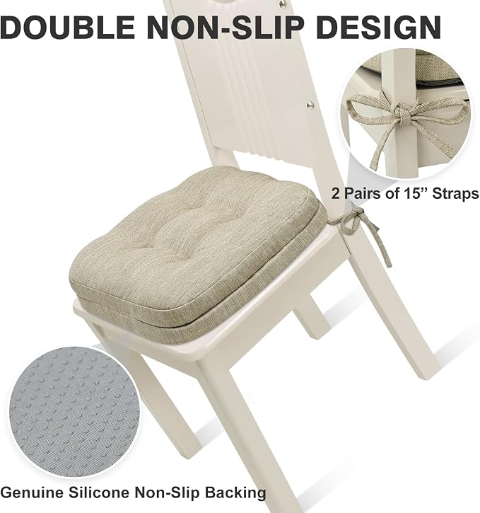 Shinnwa Dining Chair Cushions Set of 2, Dual-Layer Memory Foam Kitchen Chair Cushions, Patented Design Seat Pads with Ties, 16.5 x 16.5 x 3.5in, 2 Pack, Beige - Image 5