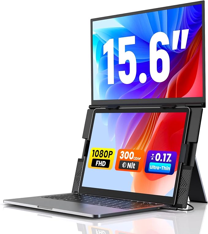 SMISEACOW Laptop Screen Extender 15.6" for 13-17.3'' Laptops, Portable Dual Monitor for Laptop, Ultra-Slim Clamp-On Vertical Dual IPS 1080P Screen Monitor Extender, USB-C HDMI for Office Travel by SMISEACOW