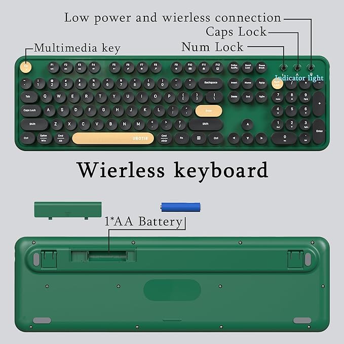 Colorful Wireless Computer Keyboards Mouse Combos (Green-Black) | UBOTIE Polychrome Round Keycaps Retro PC keyboards 2.4GHz Radio Frequency Connection With Optical Mouse Power Switch - Image 6
