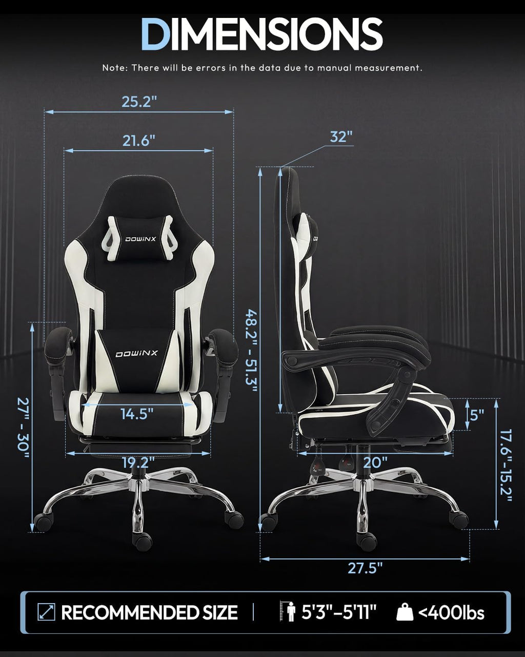 Dowinx Ergonomic Gaming Chair with Footrest & Massage Lumbar, 2D-Linkage Armrests for Computer Chair 330lbs with Headrest Pillow for Office, Home, Streaming and Long Gaming Sessions, Fabric White - Image 3