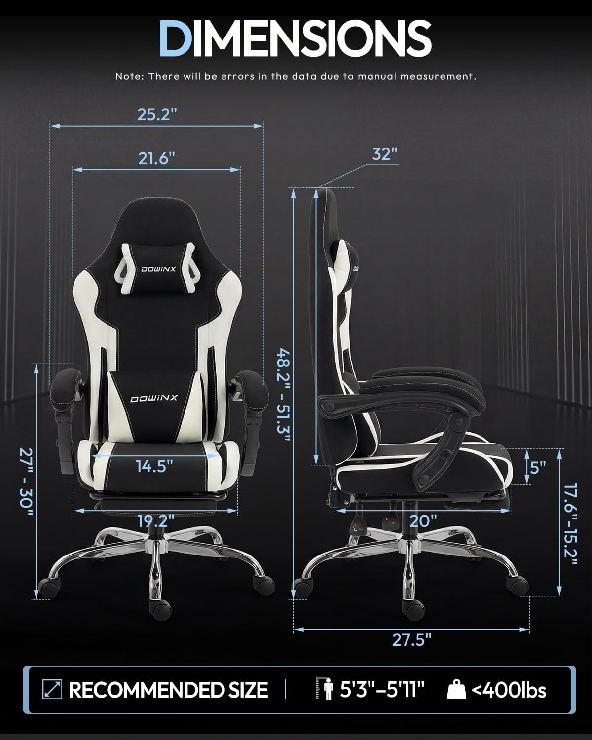 Dowinx Ergonomic Gaming Chair with Footrest & Massage Lumbar, 2D-Linkage Armrests for Computer Chair 330lbs with Headrest Pillow for Office, Home, Streaming and Long Gaming Sessions, Fabric White - Image 3