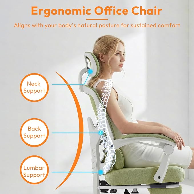 Home Office Desk Chair, Comfortable Mesh Chair with Foot Rest, Green | Reclining Gaming Chair with Headrest and Lumbar Support, 90°-130° Reclining, Silent Swivel - Image 7
