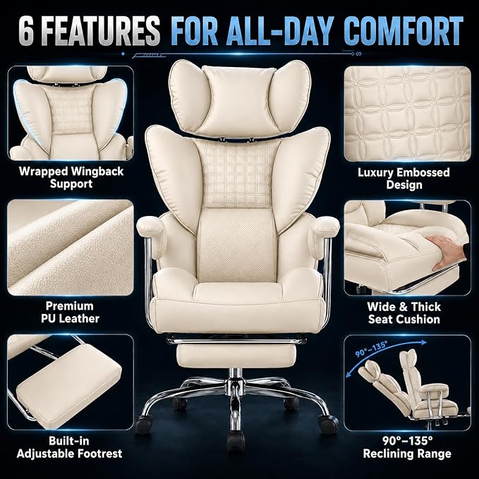 Big and Tall Office Chair 350 LBS, Scratch-Resistant PU Leather Executive Office Desk Chair with Footrest, Ergonomic Reclining Computer Chair with Pocket Spring Support for Home Office, Beige - Image 3