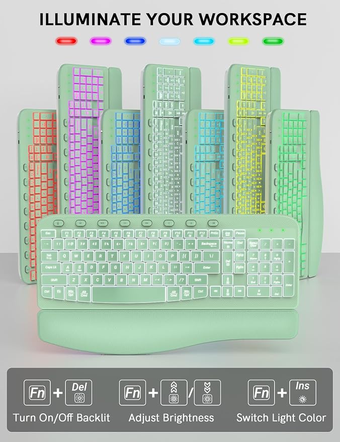 Wireless Keyboard and Mouse Combo, Ergonomic Wave with Wrist Rest | Rechargeable, Backlit Keys, Full Size, 2.4GHz USB Wireless, Leather Finish, MA12Pro Quiet Set for Windows, Mac, PC, Laptop - Image 3