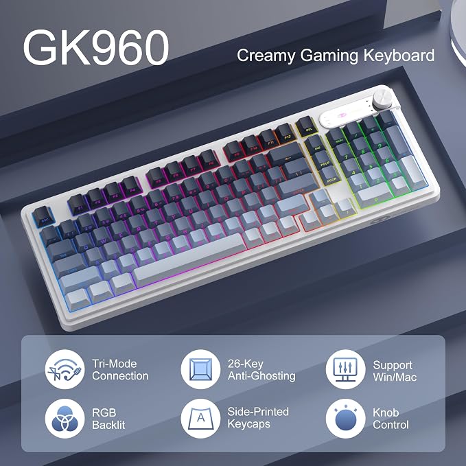 MageGee GK960 Wireless Keyboard, 98 Keys Tri-Mode BT/2.4G/Wired Membrane Gaming Keyboard, RGB Creamy Keyboard with Number Pad, Knob Control, Side Printed Keycaps, 4000mAh Battery - Black & Blue - Image 2
