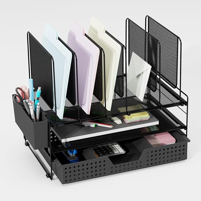 LEKETREE Desk Organizer, Office Organization with Vertical File Holder, File Organizer with Drawer and Pen Holder, Desk Accessories and Workspace Organizers for Home Office (Black) by Stylishworkspaceeffortlessorganization