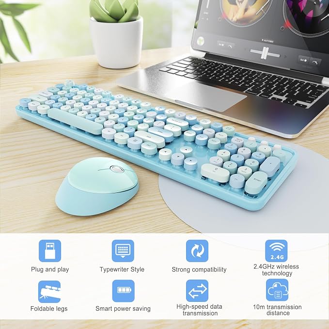 Wireless Keyboard and Mouse Combo, Ergonomic Full Size Typewriter Retro Round Keycaps Keyboard, Compatible with Windows, PC, Perfer for Home and Office Keyboards (Blue - Image 3