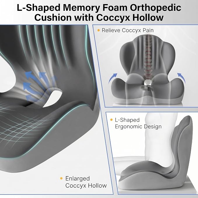 Ergonomic Seat Cushion with Lumbar Support (Grey) | Office Chair Seat Cushion, Memory Foam Orthopedic Cushion with Tailbone Hollow, Sciatica & Back Pain Relief for Long Sitting - Image 5