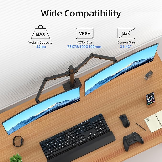 Suptek Dual Monitor Desk Mount, Adjustable Dual Monitor Arm for 2 Monitor Screens up to 43 inch, 15.75" Pole Monitor Stand for Desk, Holds up to 22 lbs, Black(MD9442LB) - Image 4