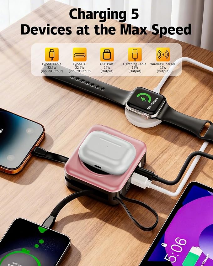 for Magsafe Portable Charger with Built-in Cables and AC Wall Plug, 10000mAh Magnetic Wireless Power Bank 22.5W Type-C in & Out Fast Charging Battery Pack for iPhone 17/16/15/14/13/12 Series, Pink - Image 4