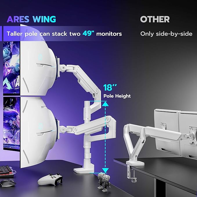Dual Monitor Arm Desk Mount for 17-49 Inch Monitors Holds 44 lbs, White | Heavy Duty Monitor Mount Stacked Monitor Arm Desk Full Motion Gas Spring Vertical Monitor Mount, 75/100 VESA Mount - Image 3