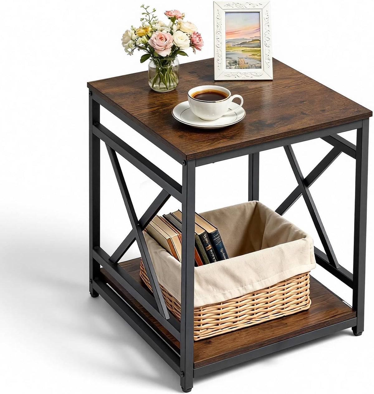 VEVOR End Table 18" Square, 2-Tier Side Table with Open Storage Shelves, Industrial Nightstand Bedside Table with Metal Frame & Wood Top, Small Sofa Table for Living Room, Bedroom, Office, Dorm by VEVOR