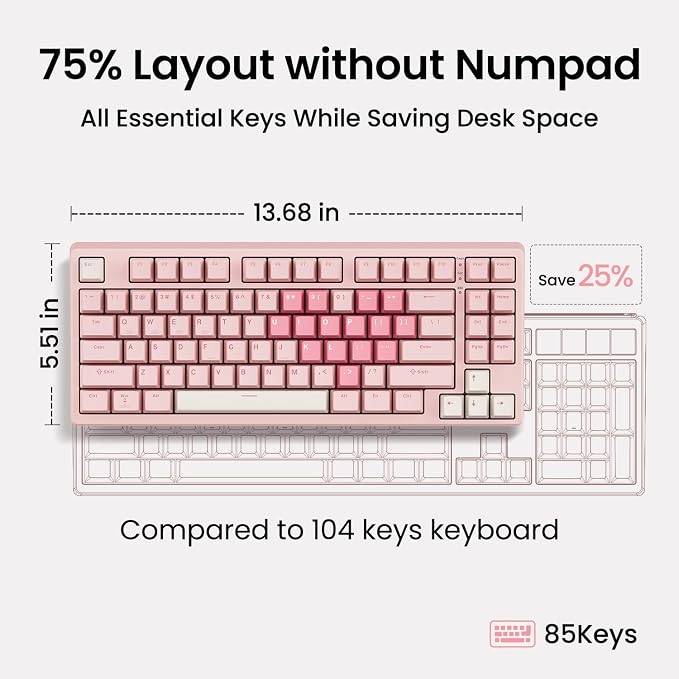 Kisnt KN85 Wireless Mechanical Keyboard, 75% Layout, Bluetooth/2.4GHz/USB-C, Custom RGB Backlit, Hot-Swappable Linear Switch, Creamy Sound for Gaming/Typing (Rose Pink) - Image 3