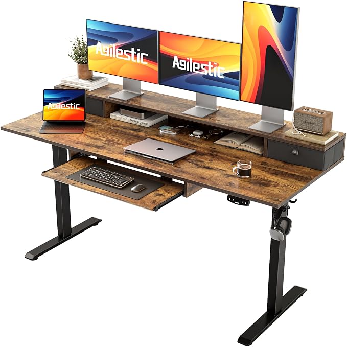 Agilestic 63 Inch Standing Desk with Drawers & Keyboard Tray, Rustic Brown | Electric Height Adjustable, 2 Storage Drawer, Monitor Stand, Sturdy Steel Frame, Memory Presets, Hooks, 154 lbs, Splice Board by Agilestic