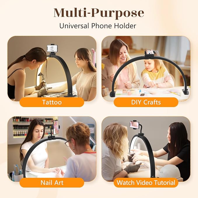 Yokilly Half Moon Light for Nail Desk: 29" Foldable Nail Light for Desk | AB Diamonds Arch Nail Tech Light with Phone Holder for Beginner - 3 Color Modes & 10 Brightness for Manicure Salon-Black - Image 6