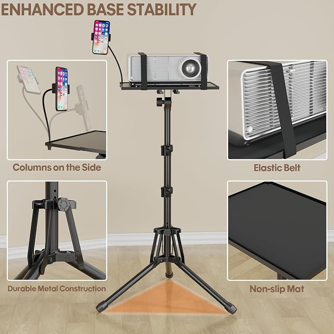KOOV Projector Stand Adjustable Height 20" to 61" | Foldable Projector Tripod Stand with Mouse Tray & Phone Holder, Perfect for Office Home Stage Studio DJ Racks Podium Stand - Image 3