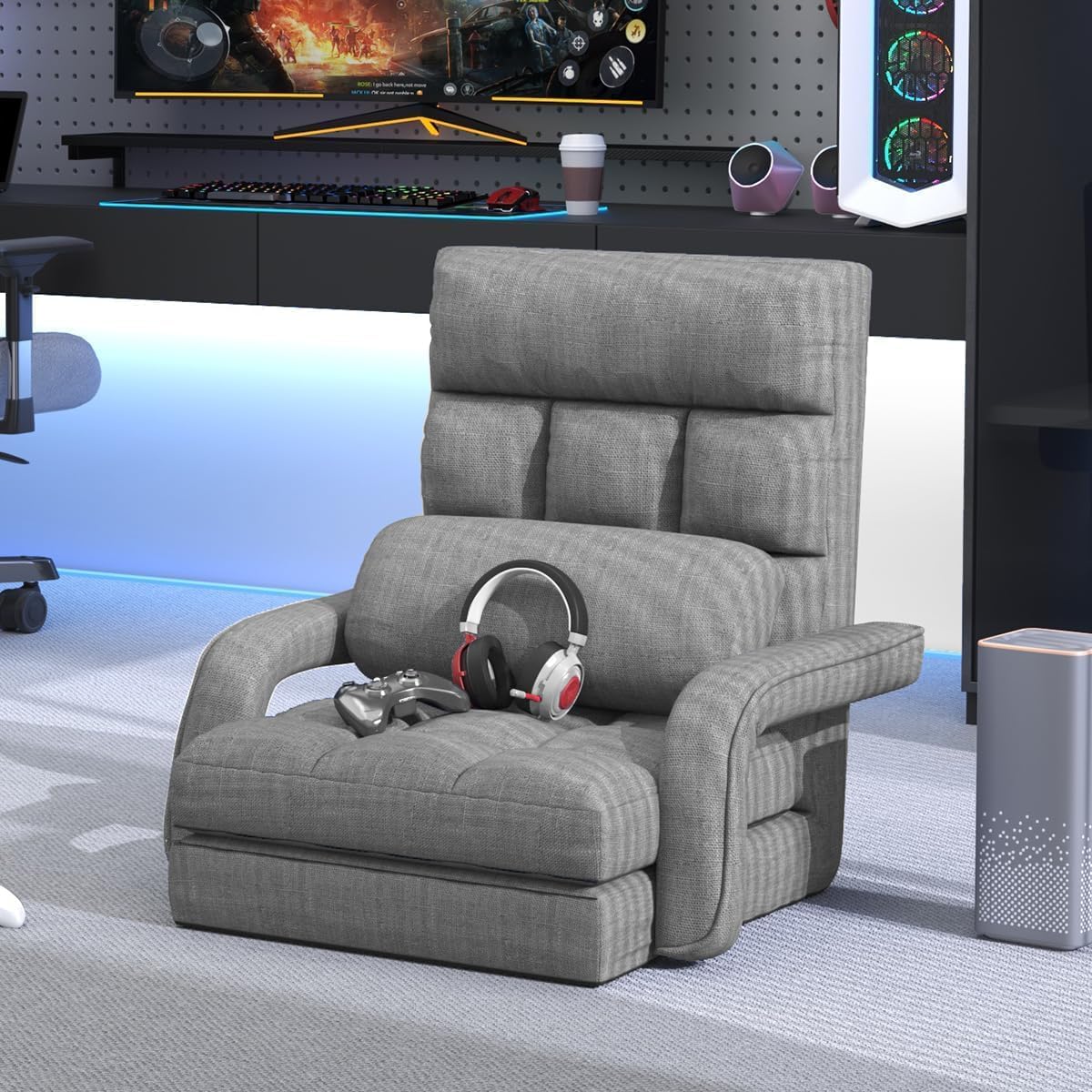 Floor Gaming Chair, 6 Position Adjustable Indoor Chaise Lounge for Teens Adults, Padded Folding Sofa with Armrests and Pillow, Comfy Chair for Meditation, Reading, Light Grey by KOZIDO