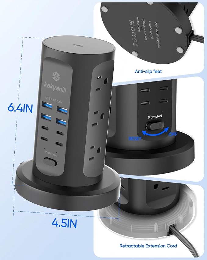 Power Strip Tower, kakyanill Charging Station 9 AC Outlets 8 USB Ports | 6 Ft Retractable Extension Cord, 15W Wireless Charger, Black - Image 7