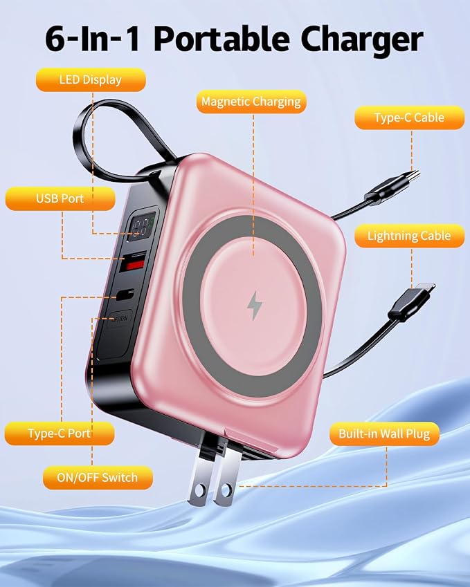 for Magsafe Portable Charger with Built-in Cables and AC Wall Plug, 10000mAh Magnetic Wireless Power Bank 22.5W Type-C in & Out Fast Charging Battery Pack for iPhone 17/16/15/14/13/12 Series, Pink - Image 8