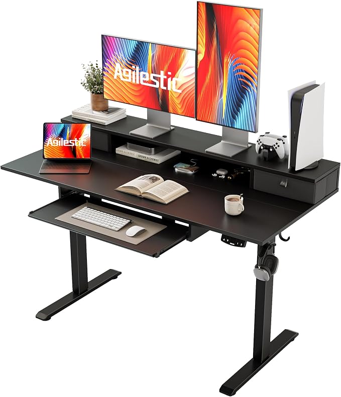 Agilestic 48 Inch Standing Desk with Drawers & Keyboard Tray, Black | Electric Height Adjustable, 2 Storage Drawer, Monitor Stand, Sturdy Steel Frame, Memory Presets, Hooks, 154 lbs, Splice Board by Agilestic