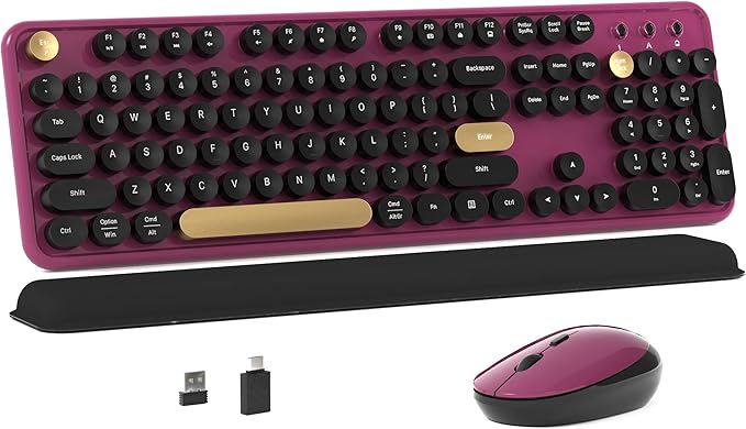 Colorful MPTOG Wireless Computer Keyboard and Mouse Combo (Black-Claret) | Retro Round Typewriter Keycaps, Power Switch, Ergonomic Design, 2.4GHz Wireless for Windows, Mac, PC by MPTOG