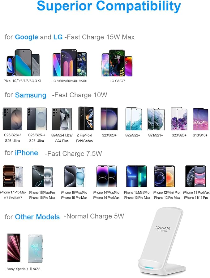 NANAMI Upgraded Fast Wireless Charger, Wireless Charging Stand for iPhone 17/17 Air/16/16 Plus/16 Pro/16 Pro Max/15/14/13/12 & Phone Charger Dock for Samsung Galaxy S26/S25/S24/S24 Ultra/S23/S22 - Image 3