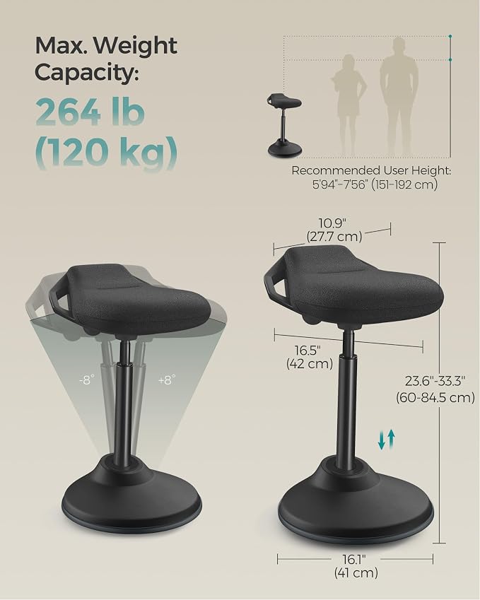SONGMICS Ergonomic Wobble Stool, Height Adjustable Standing Desk Stool 23.6-33.3 Inches, Swivel Balance Chair with Non-Slip Base, Standing Chair, for Active Sitting, Office, Home, Ink Black UOSC02BK - Image 2