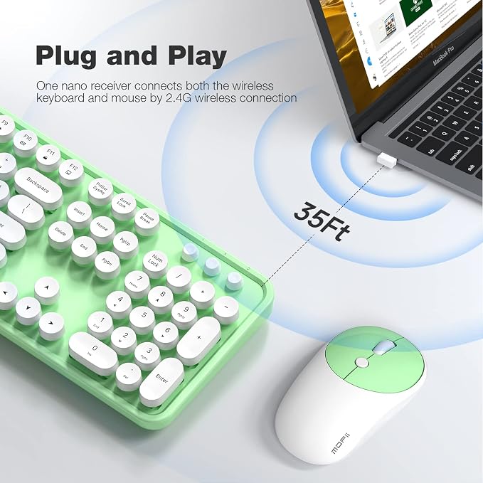 MOFII Wireless Keyboard and Mouse Combo, 2.4GHz Full Size Typewriter Keyboard Round Keys, USB Receiver for Laptop, PC, Desktop, Windows (Green White) - Image 2