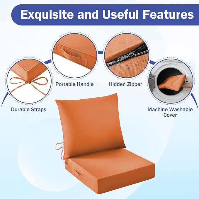 IASEAHK Outdoor Seat Cushion Set, Waterproof & Fade Resistant Patio Chair Cushions, Outdoors Cushion for Patio Furniture, 24 x 24 x 4 Inch, Outdoor Couch Cushions with Handle and Ties, Spice - Image 5