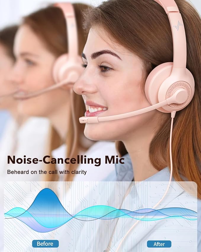 JIAMQISHI USB Headset with Microphone for PC, On-Ear Computer Laptop Headphones with Noise Cancelling Mic in-line Control for Home Office Online Class Zoom (USB+3.5mm, Pink) - Image 2