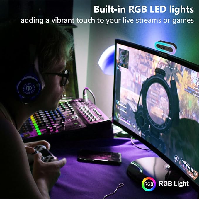 2k Webcam with Ring Light/Microphone,PC Gaming Computer Camera | PC Webcam with RGB Light/Cover/Tripod,Autofocus,65°FOV,Plug and Play USB C Web Camera for Laptop Streaming/Zoom Meeting - Image 4