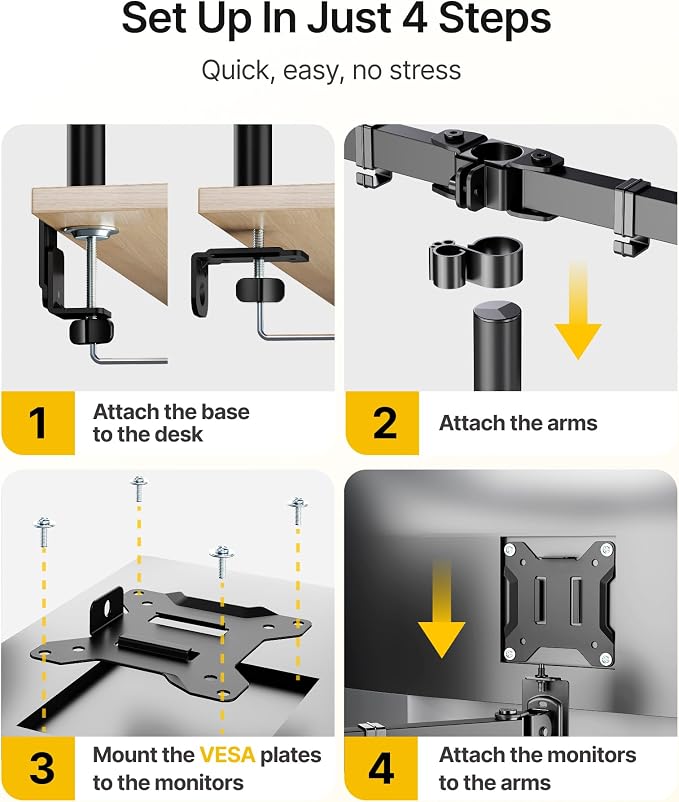 monTEK Triple Monitor Stand for 17-32" Screens, 22 lbs Each | Three-screen desk mount, height adjustment, tilt, swivel, rotation, clamp/grommet bases and VESA 75/100 - Image 6