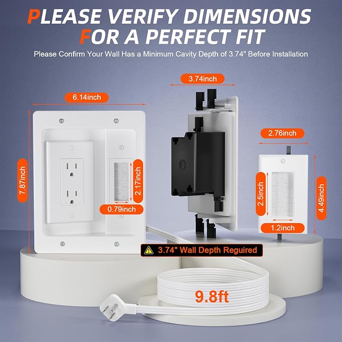 in Wall Cable Management Kit,TV Cable Hider Wall Kit with Brush Wall Plate and 9.8FT Cord,2 AC Outlets,Recessed Outlet Box for Wall Mount TV Home Theater Setups Cords Organizer - Image 2