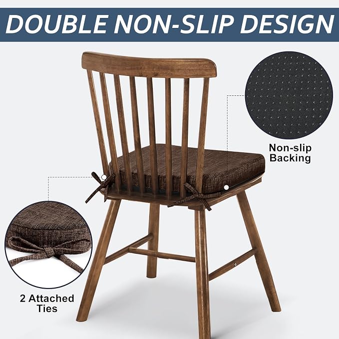 Basic Beyond Chair Cushions for Dining Chairs 6 Pack, Kitchen Chair Cushions with Ties and Non Slip Backing, 16 x 16 inches Chair Pads for Dining Chairs (Brown) - Image 3
