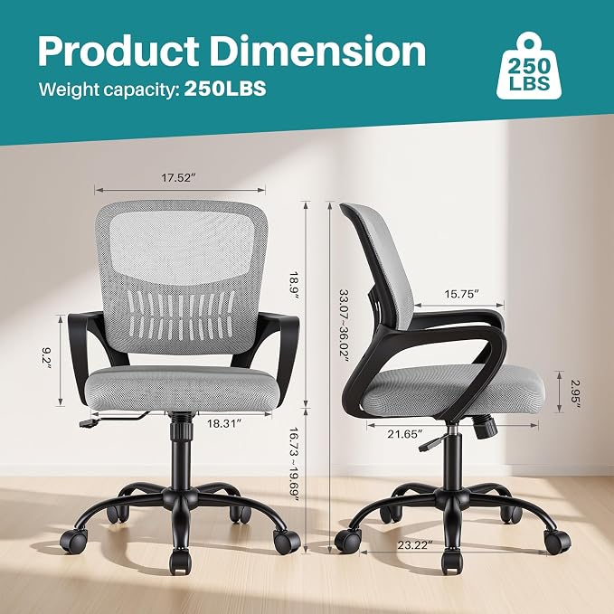 OLIXIS Ergonomic Office Desk Chair, Mid-Back Executive Computer Chair | Fixed Armrest, Rocking Mode, Height Adjustable, 360° Rolling Swivel Adults, Student, Grey - Image 2