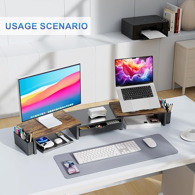gianotter Dual Monitor Stand Riser With Drawer and 2 Pen Holders | Wood Computer Monitor Stand Desk Organizer and Accessories Desk Shelf for Top of Desk (Wood) - Image 3