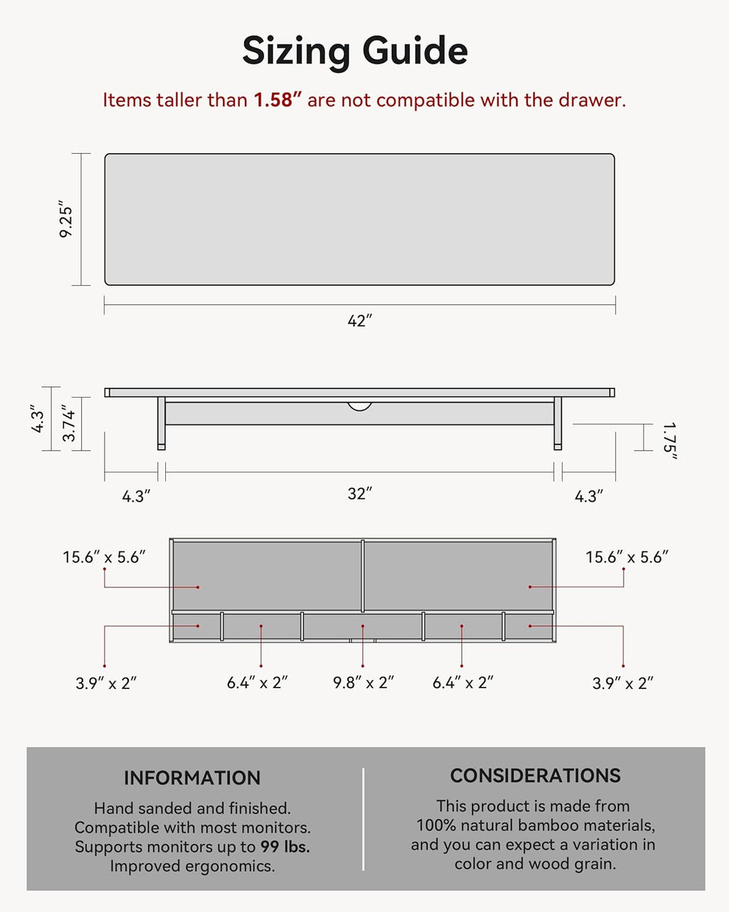 Dual Monitor Stand Riser with Drawer,Wood Desk Storage Shelf - Image 5