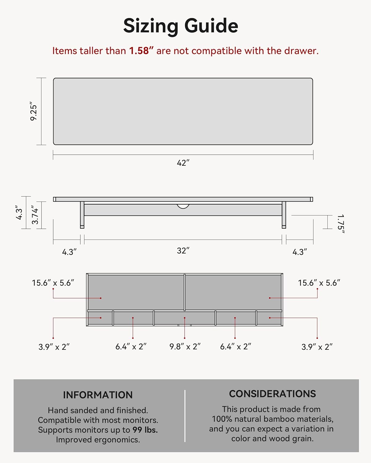 Dual Monitor Stand Riser with Drawer,Wood Desk Storage Shelf - Image 5